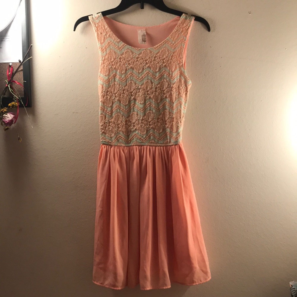 Francesca’s Pink & Sea Foam Green Lace Dress